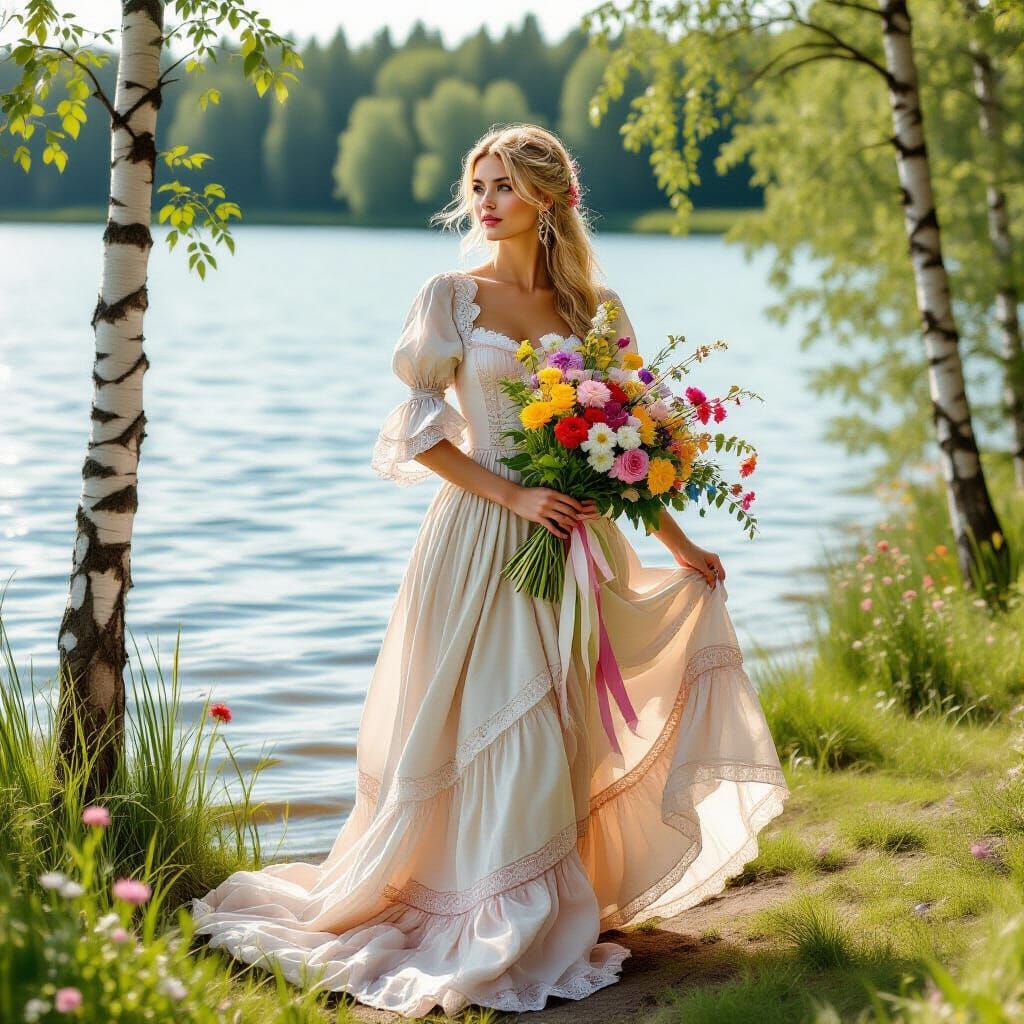 Woman in Summer Dress by Lake as Watercolor