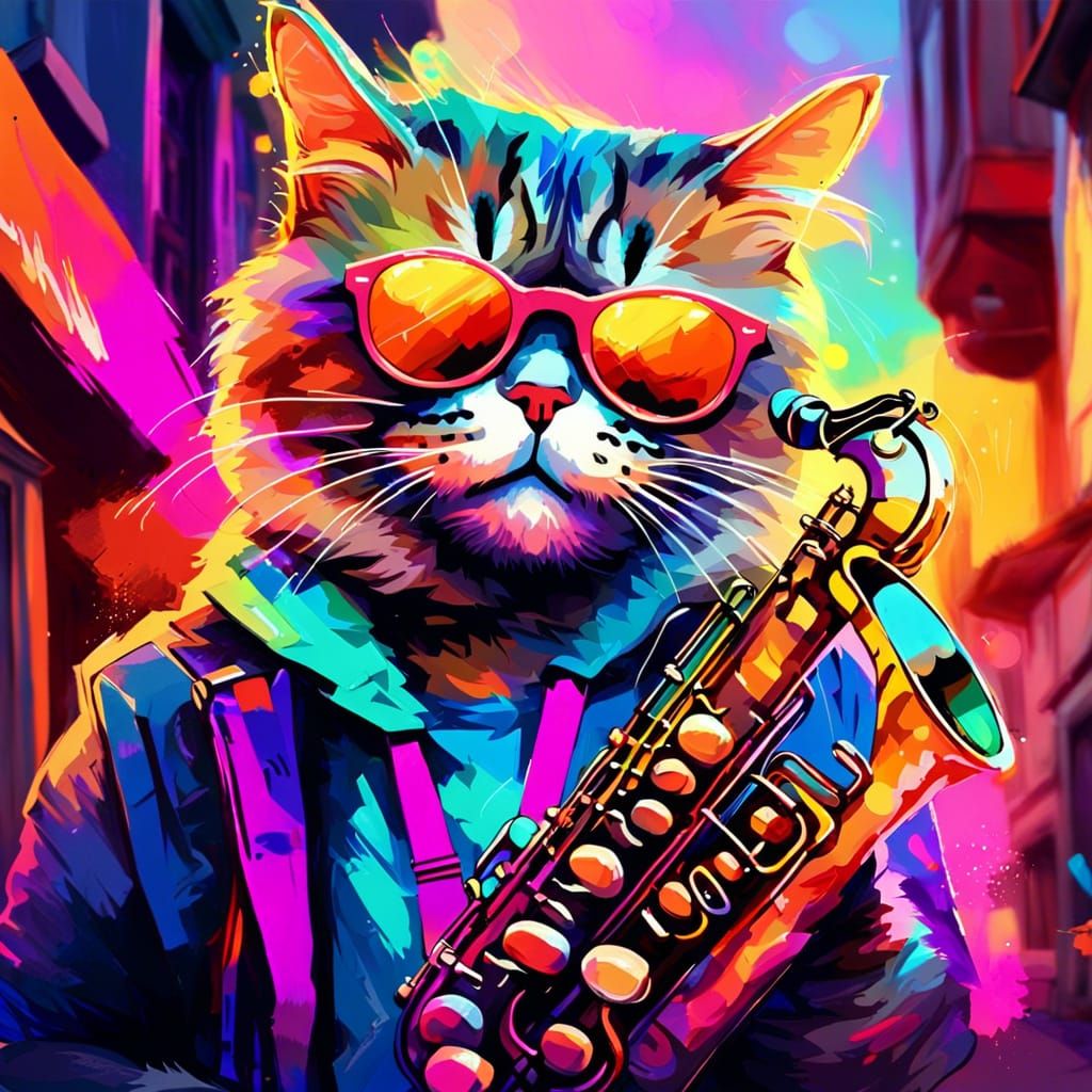 Urban Cat Saxophone Player in Vibrant Digital Painting