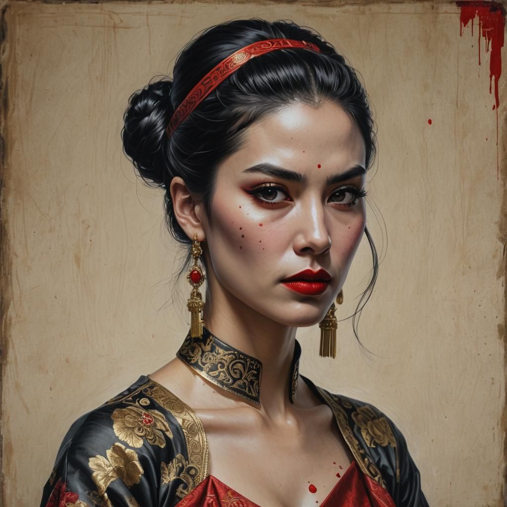 Menacing Hyperrealistic Portrait of a Woman with Red Lips