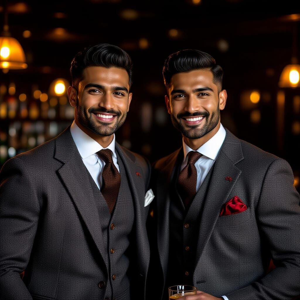Two Muscular Men in 1950s Suits at a Bar