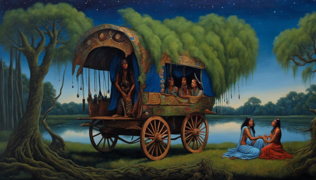 Native American and Gypsy Conversation in Bayou, Neo-Primiti...