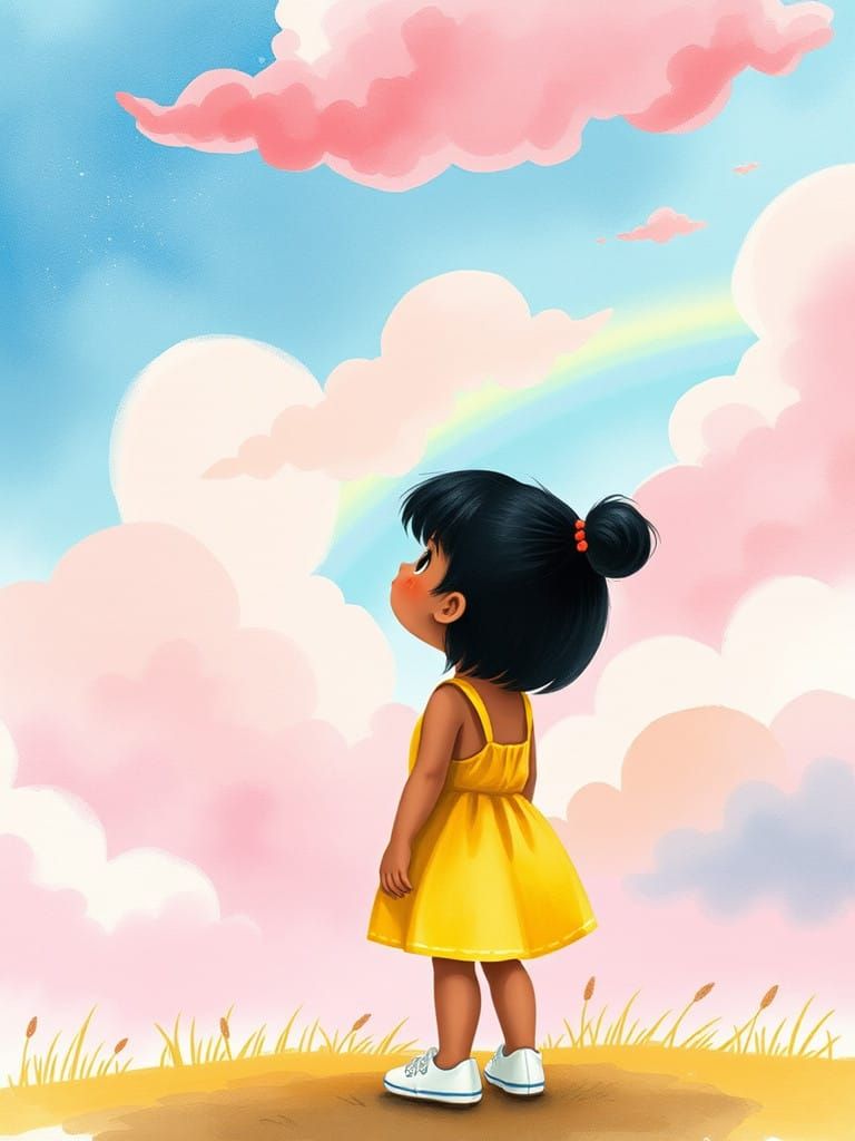 Whimsical Storybook Girl Gazes at Rainbow Sky