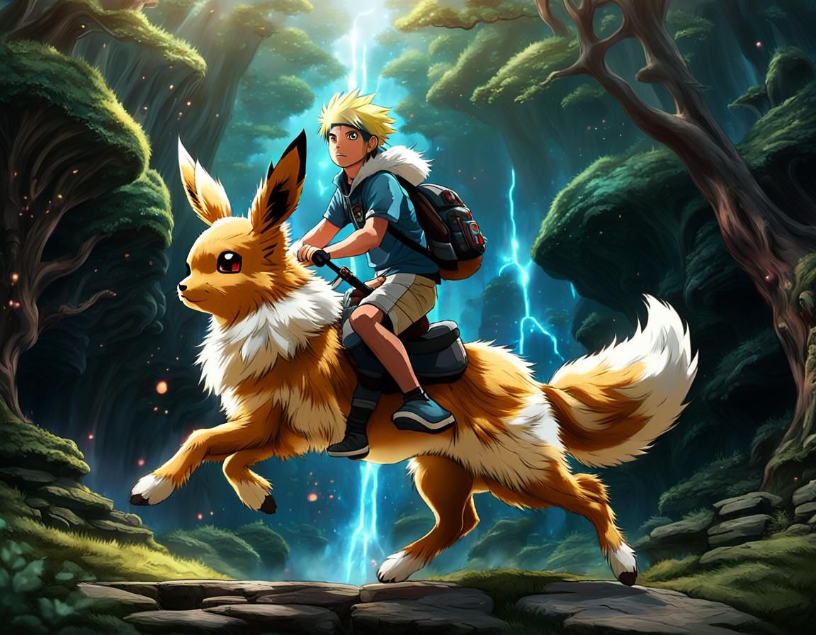 Naruto Rides Giant Eevee: Detailed Digital Art