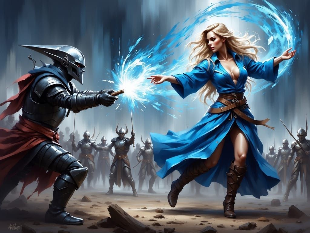 Ethereal Sorceress Fights in Hyper-Realistic Brush Stroke Pa...