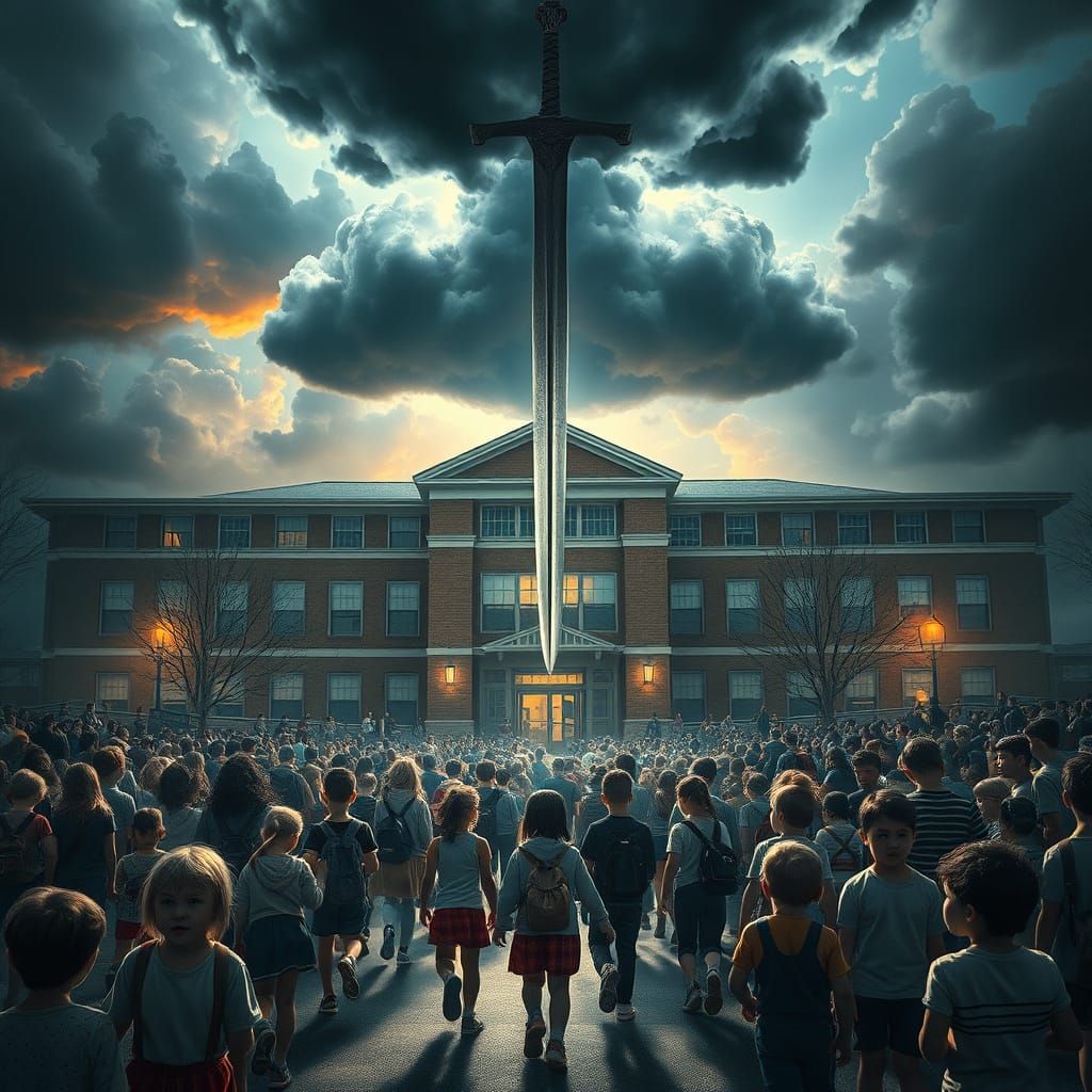 Cinematic Matte Painting Of School Under Sword Cloud