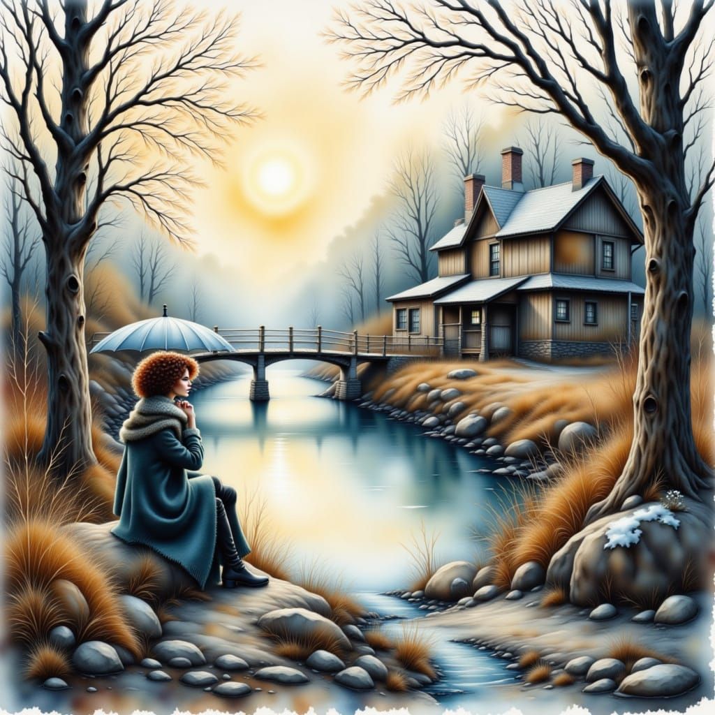 Woman on Bench in Muted Winter Landscape