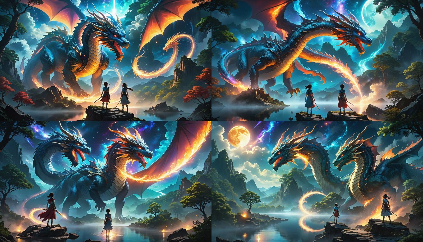 Woman and Dragon in Moonlit Anime Forest