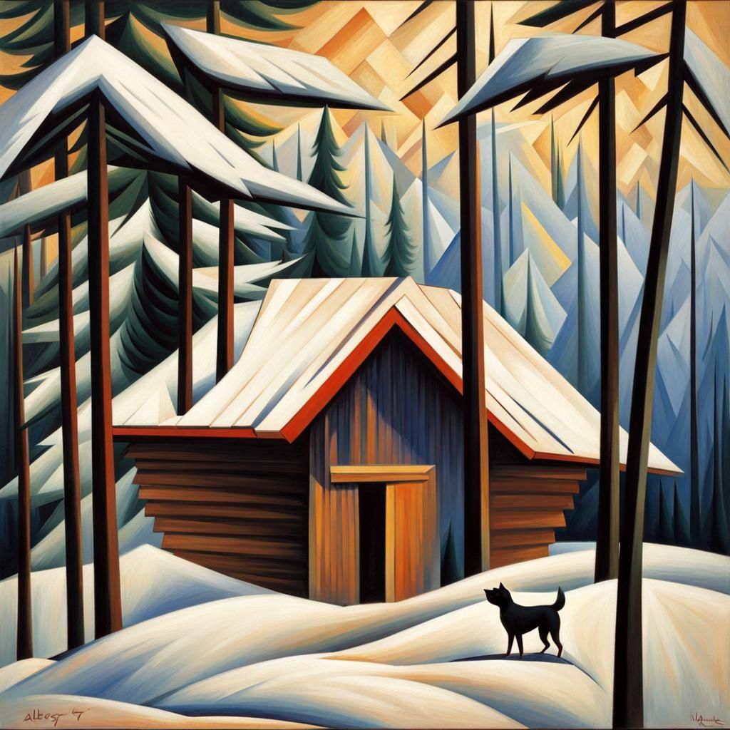 Winter Cabin with Dog in Cubist Style