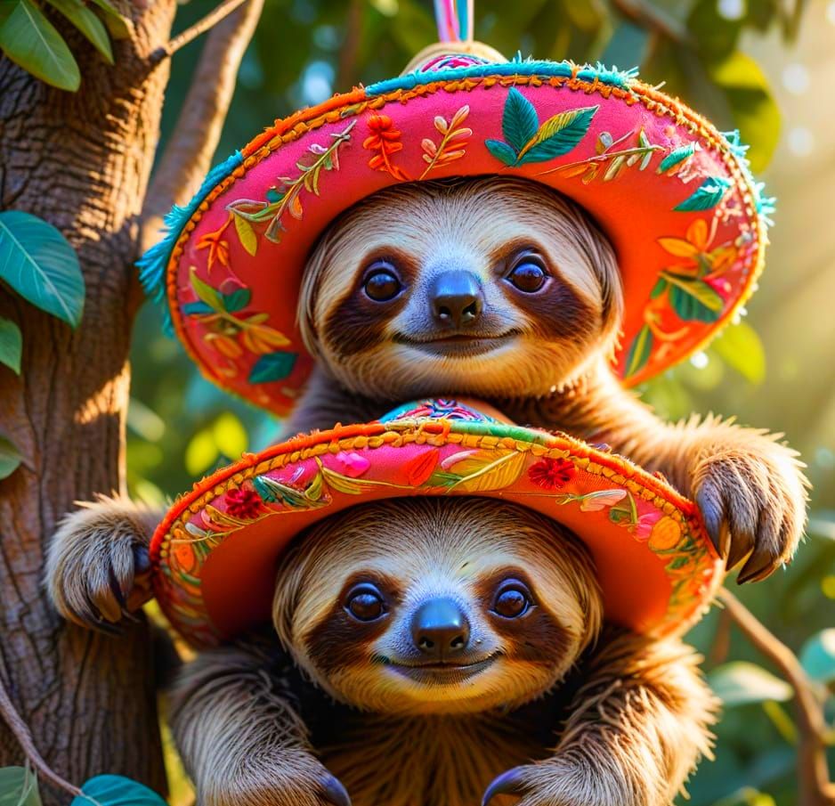 Sloths in Sombreros Hanging From Tree