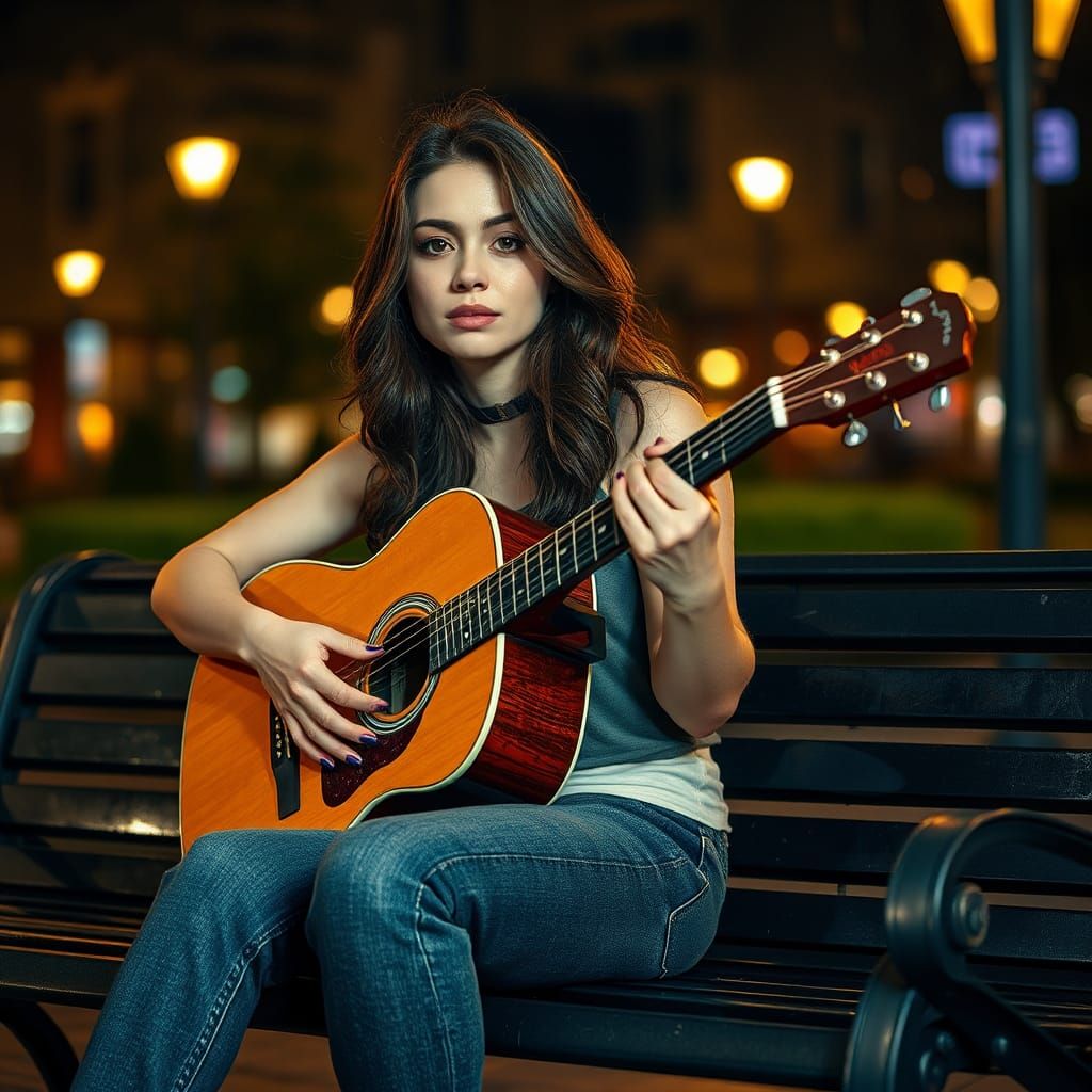 Woman Plays Guitar on City Bench, Hyperrealistic