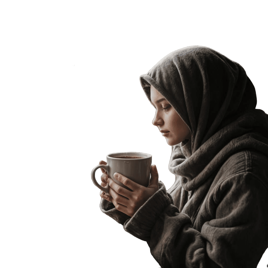 Aminah Enjoys Coffee by a Rainy Window