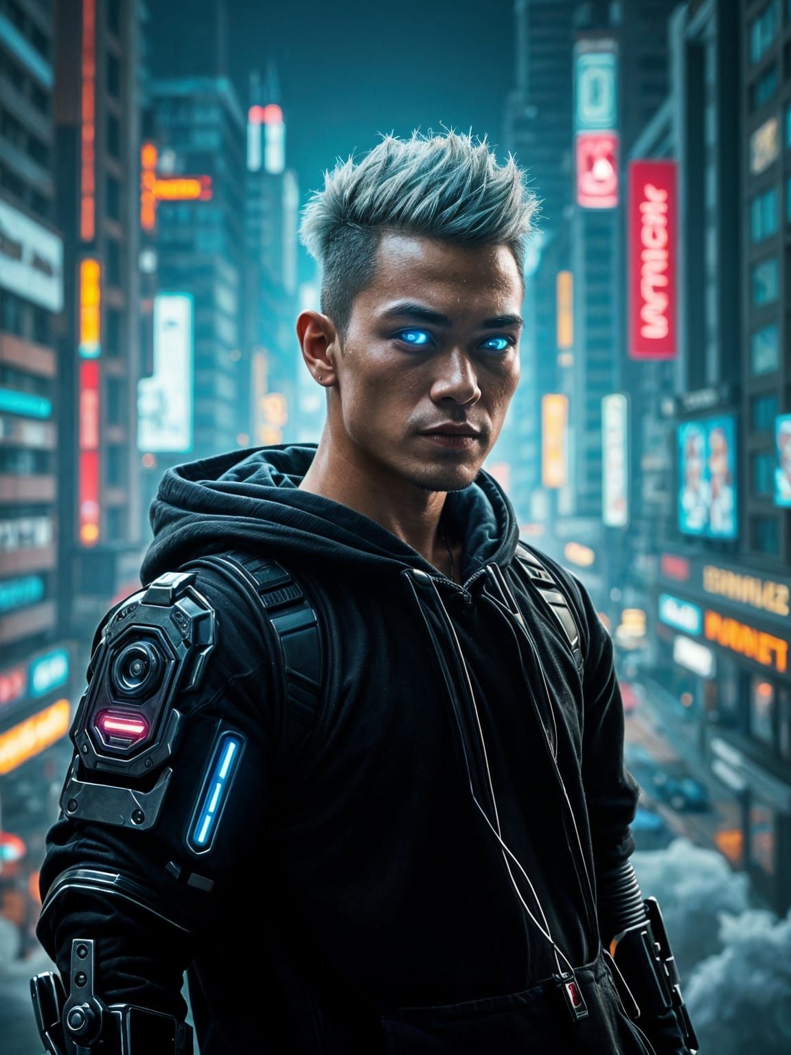 Cyborg Malay Warrior in Neon Futuristic Landscape