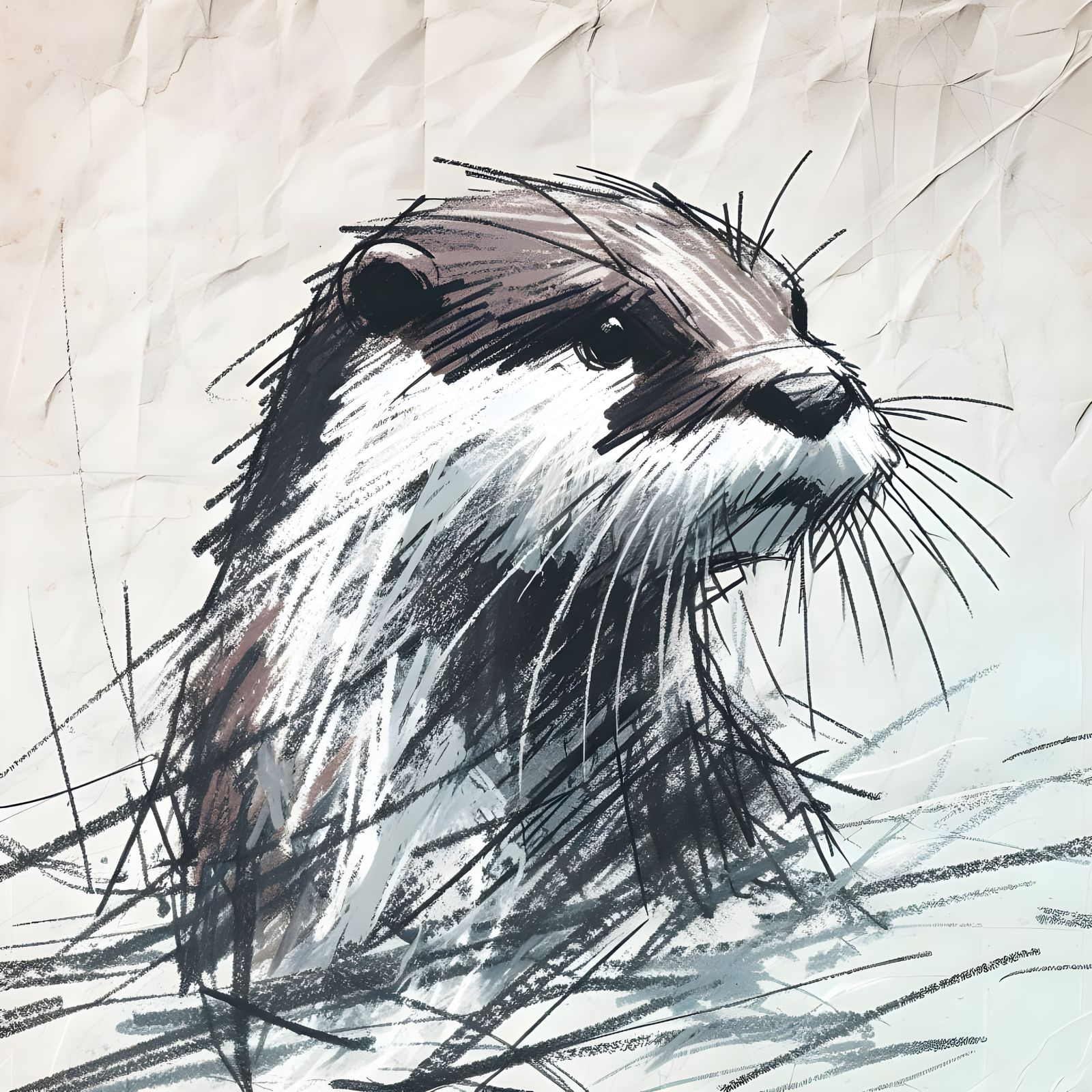 Surreal Otter Line Sketch in Pastel Sticks