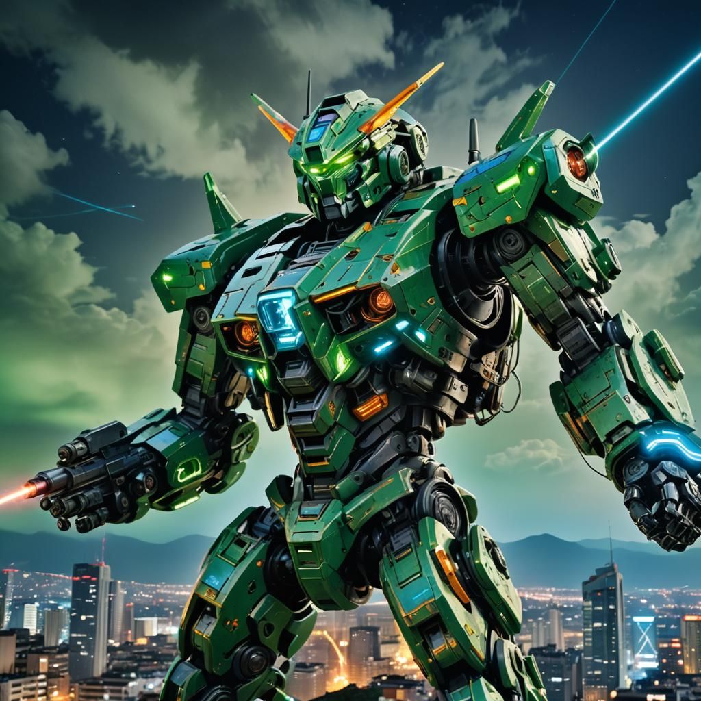 Epic Mecha Battle in Futuristic Cyberpunk City