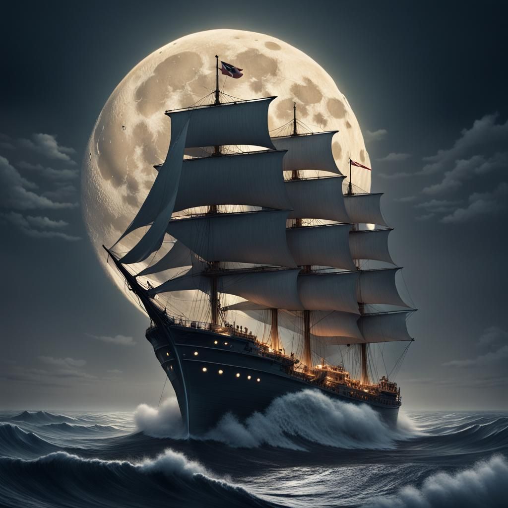 Moonlit Sailor on Ship: Dark Fantasy Art