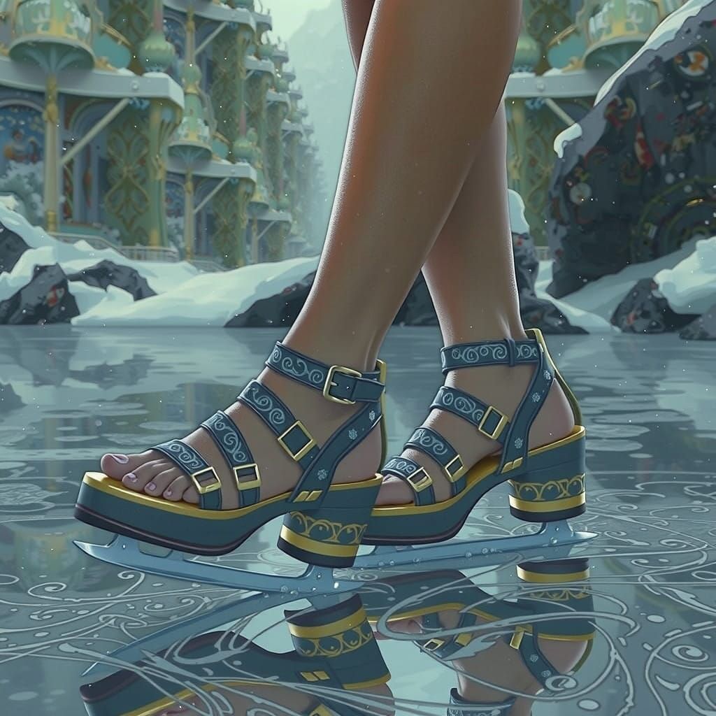 Woman Glides Across Frozen Expanse on Intricately Designed I...