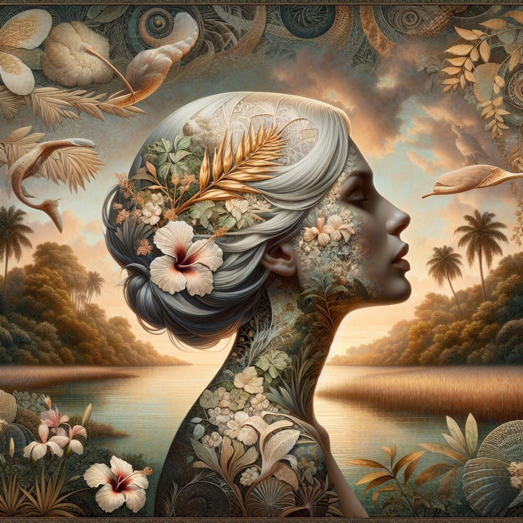 Ethereal Woman with Floral Hair in Digital Art