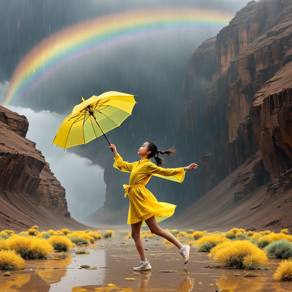 Chinese Girl Dancing in Desert Rain with Rainbow