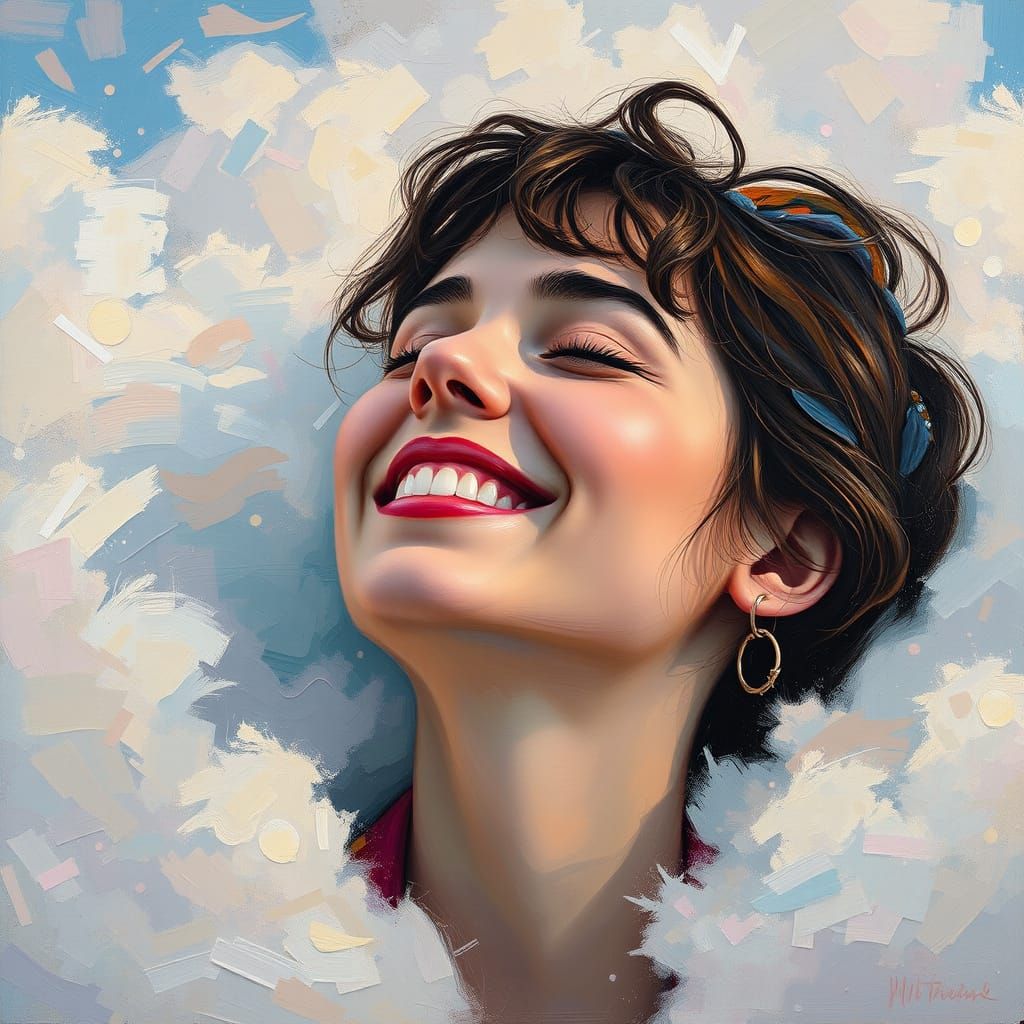 Joyful Woman in Clouds, Neo-Impressionist Oil Painting