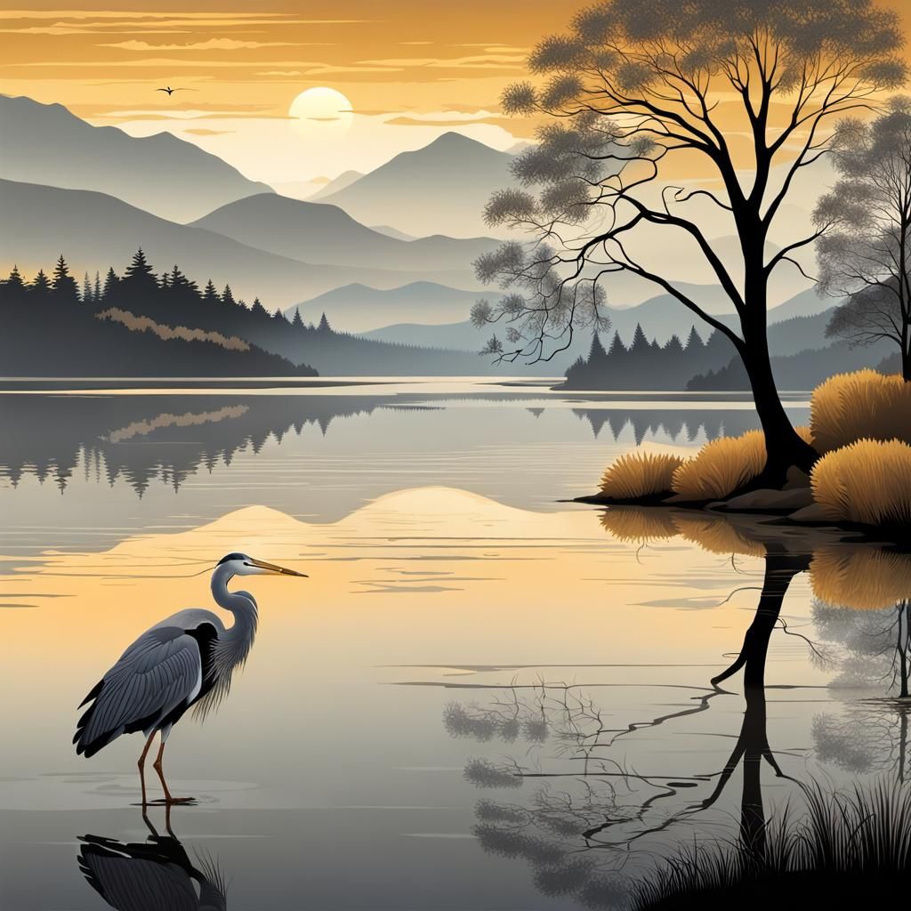 Sunset Lake Asymmetrical Scene with Heron