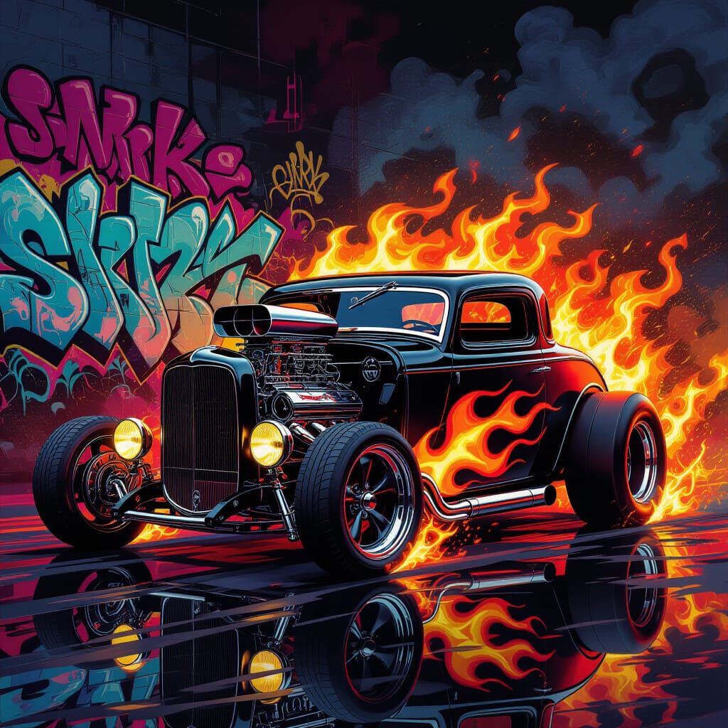 Fiery Black Hot Rod in Graffiti Street Art Style