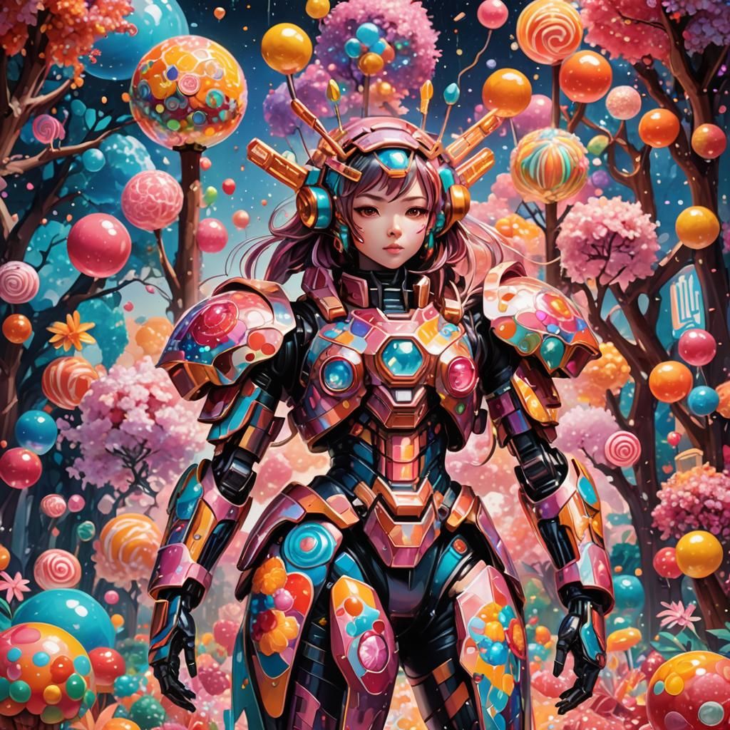 Mecha Manga Girl in Candyland, as Oil Painting