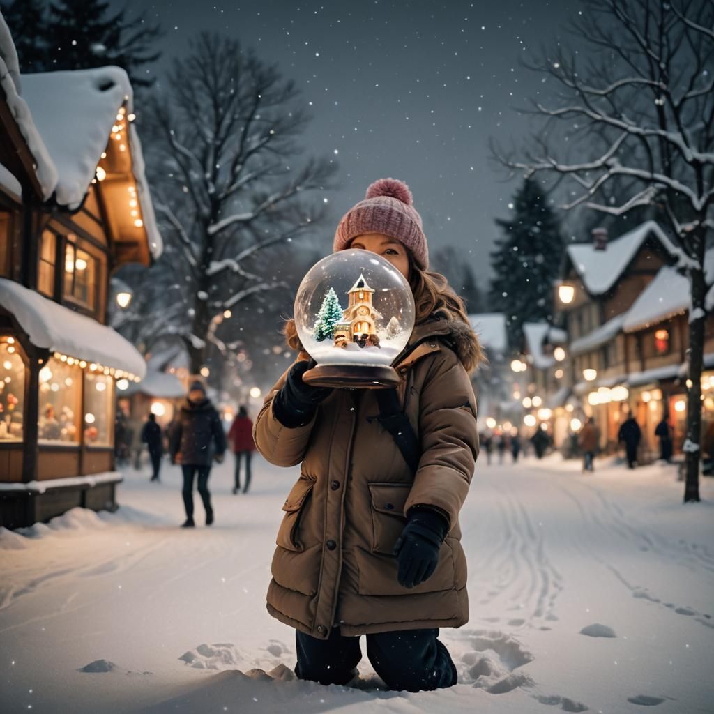 Winter Village in Snow Globe: Cinematic Film Still