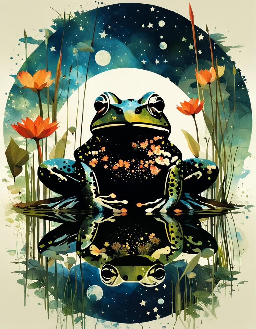 Dual Exposure Frog Leaping Through Water Lilies