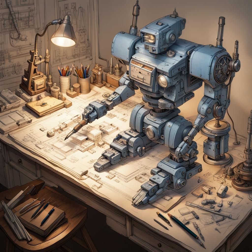 Mecha Blueprints in Artist's Studio: Matte Painting