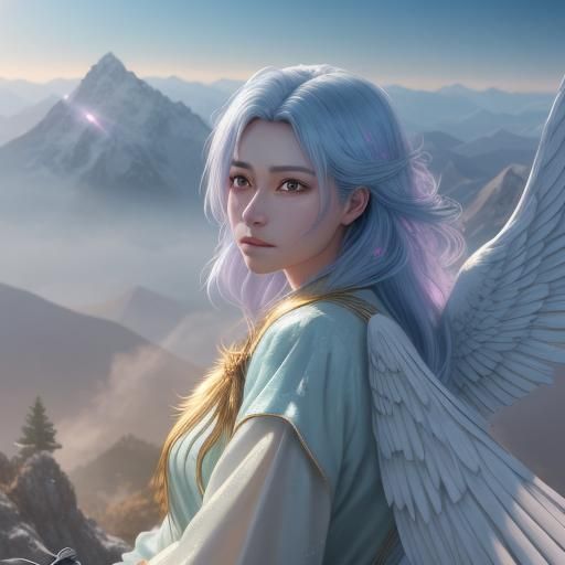 Anime Angel on Mountain Peak in 3D