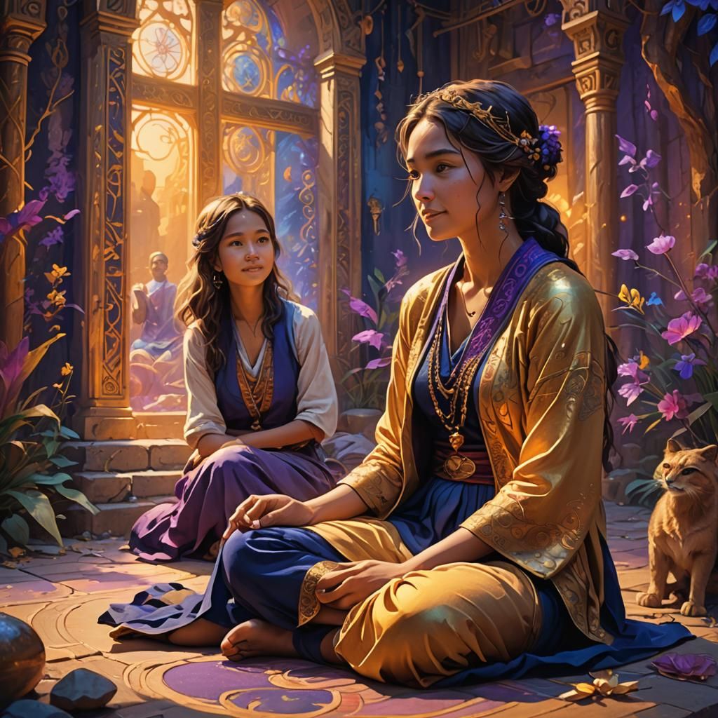 Young Girl Listens to Wise Woman: Fantasy Art