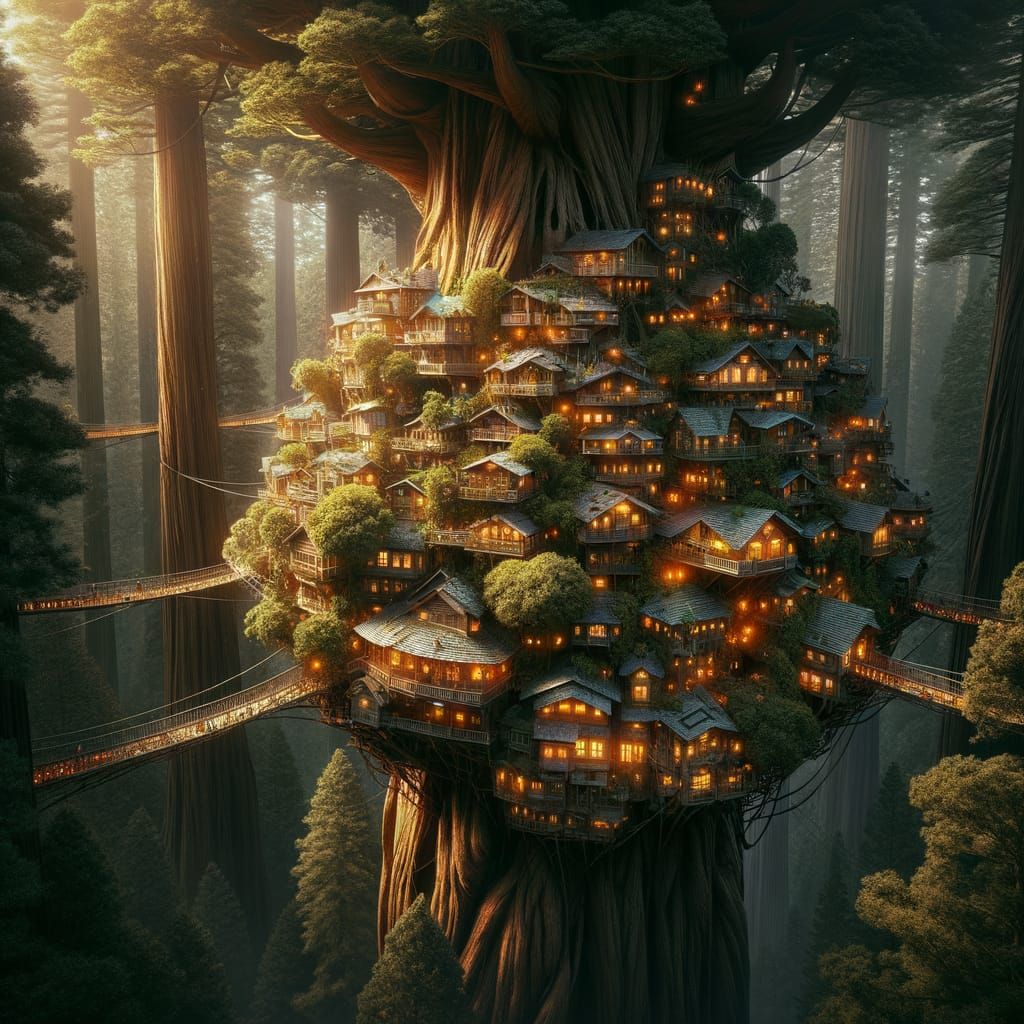 City in Redwood Trees with Raven People: HDR Image