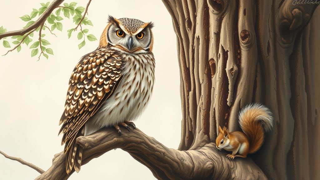 Wise Owl Camouflaged on Tree Branch in Realistic Wildlife Pa...