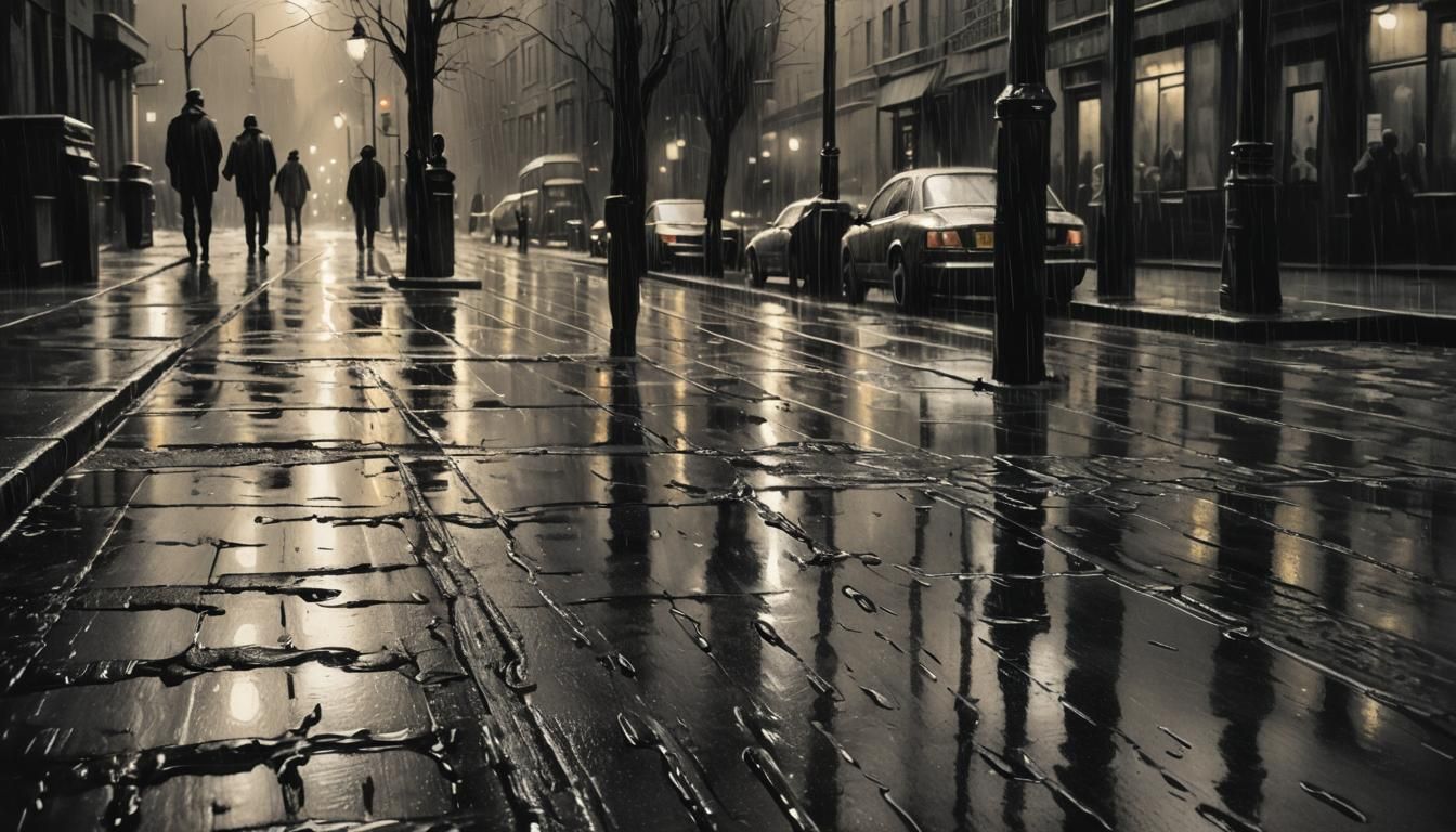 Rainy Street Scene in Dripping Wax, Charcoal Drawing