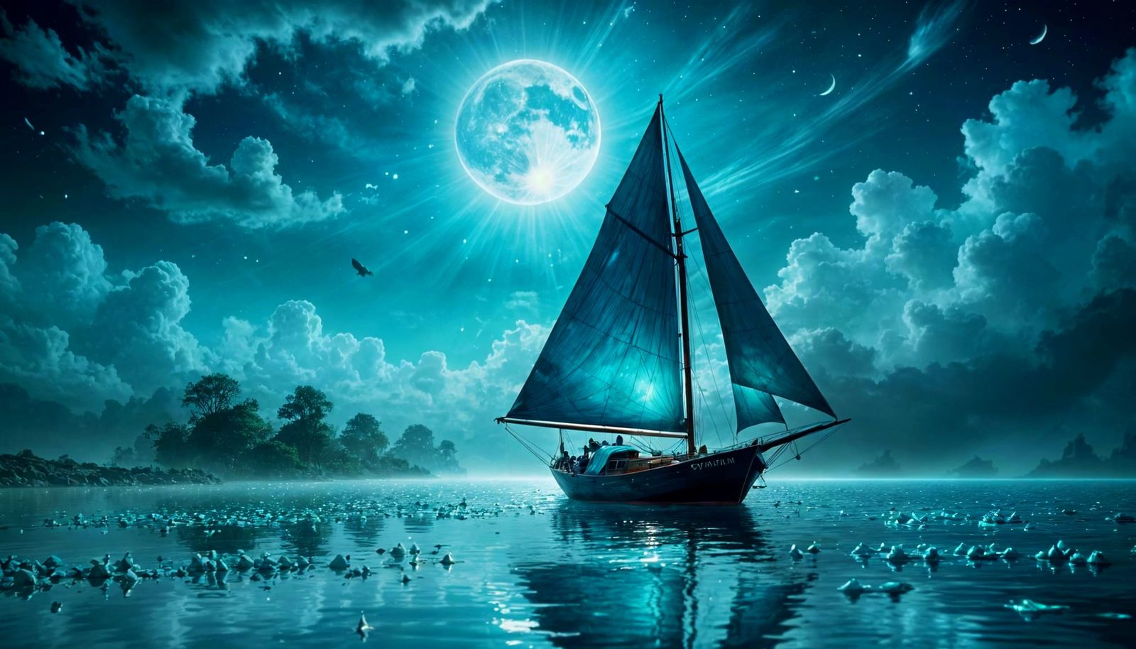 Moonlit Sailboat on Turquoise Lake in Sfumato Style