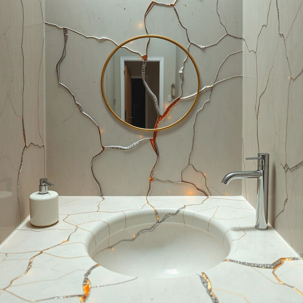 Surreal Bathroom with Fractured Porcelain and Organic Growth...