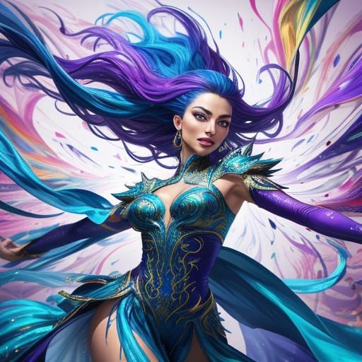 Energetic Woman Dancing in Shimmering Silks - Hyperrealistic...