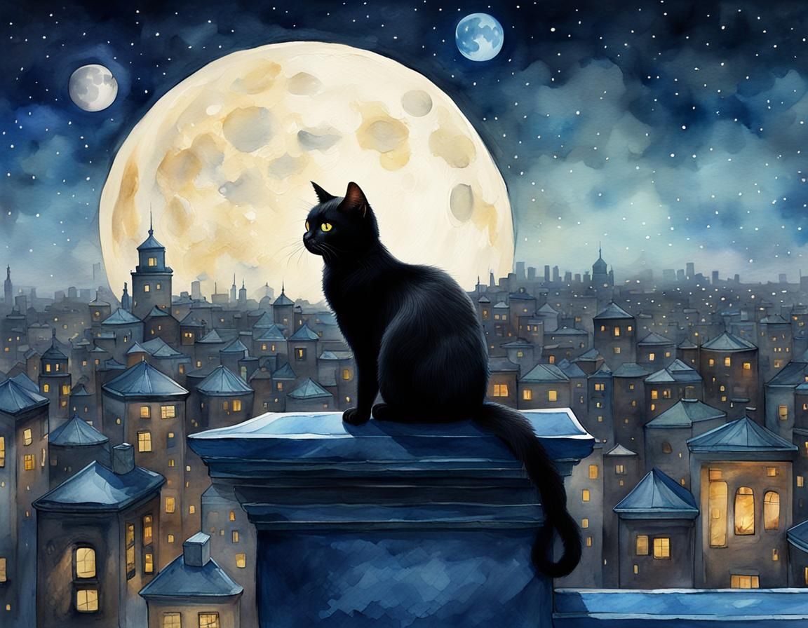 Moonlit Cat on Rooftop in Watercolor Style