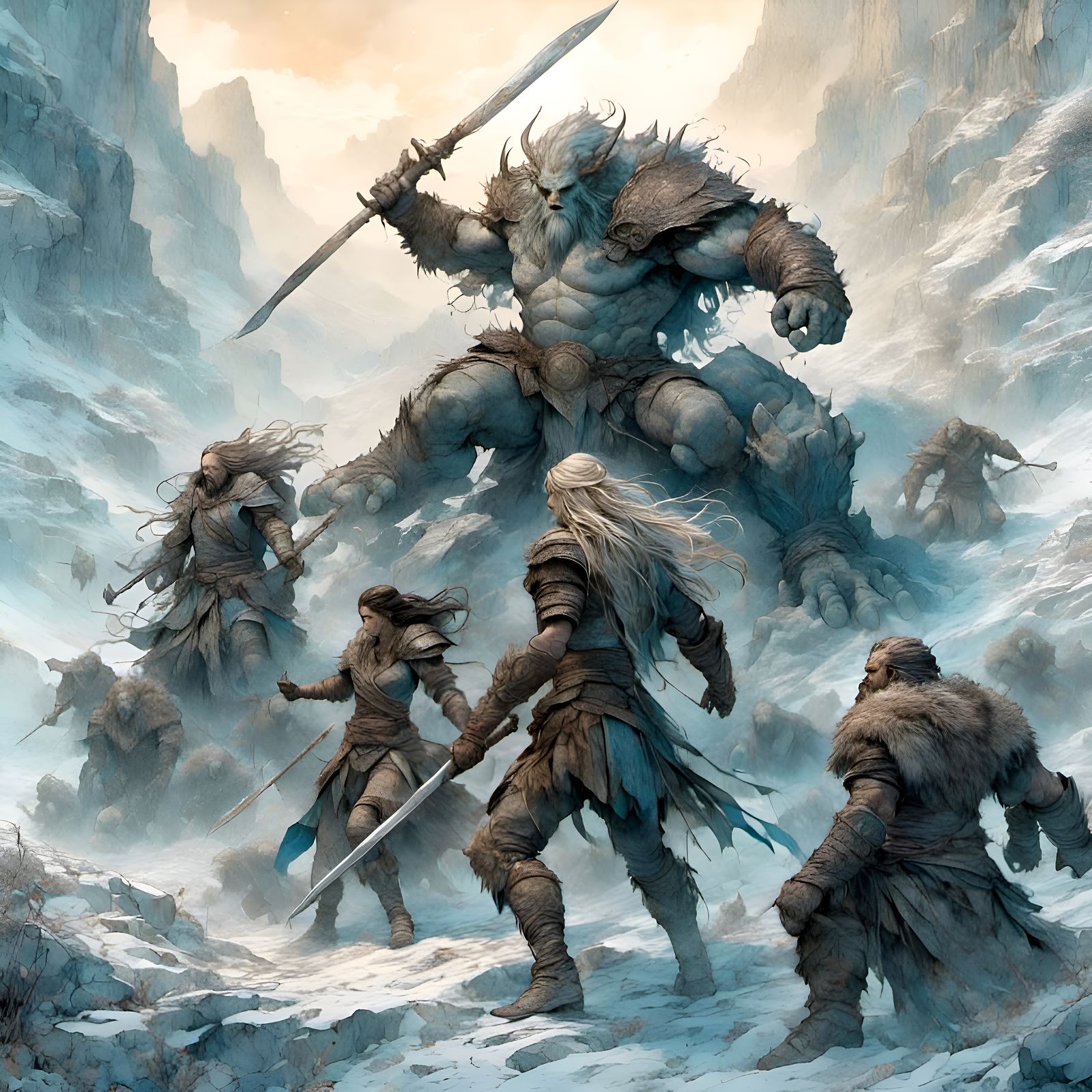 Elven Warriors Clash with Frost Giant