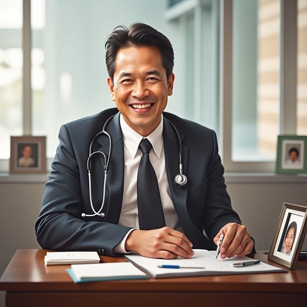 Filipino Dad with Stethoscope in Modern Office