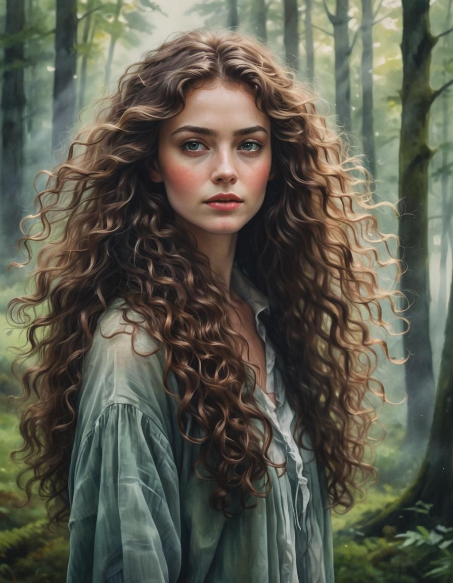 Beautiful curly brown hair woman - in the forest