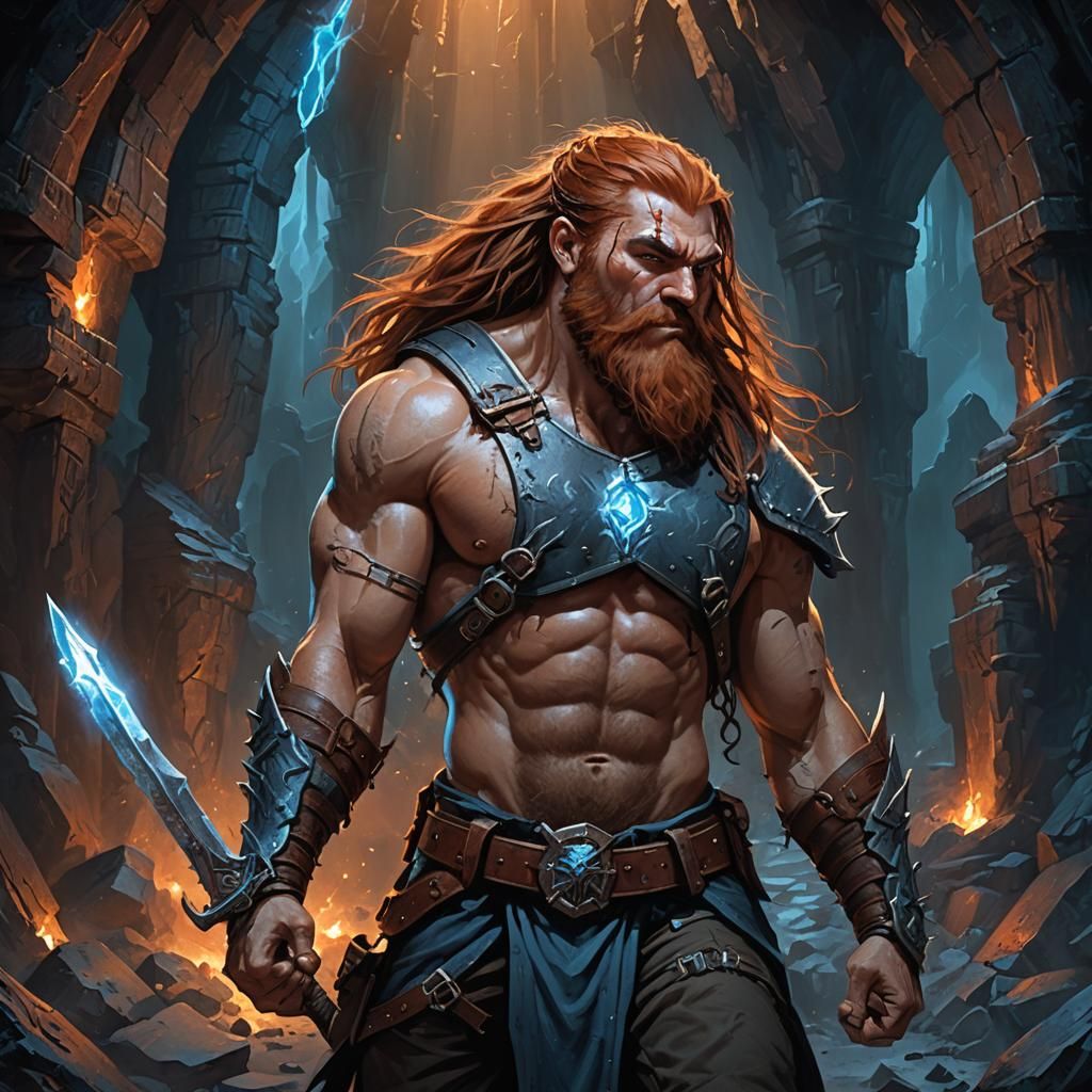 Muscular Dwarf Warrior in Glowing Cavern: Dark Fantasy Art