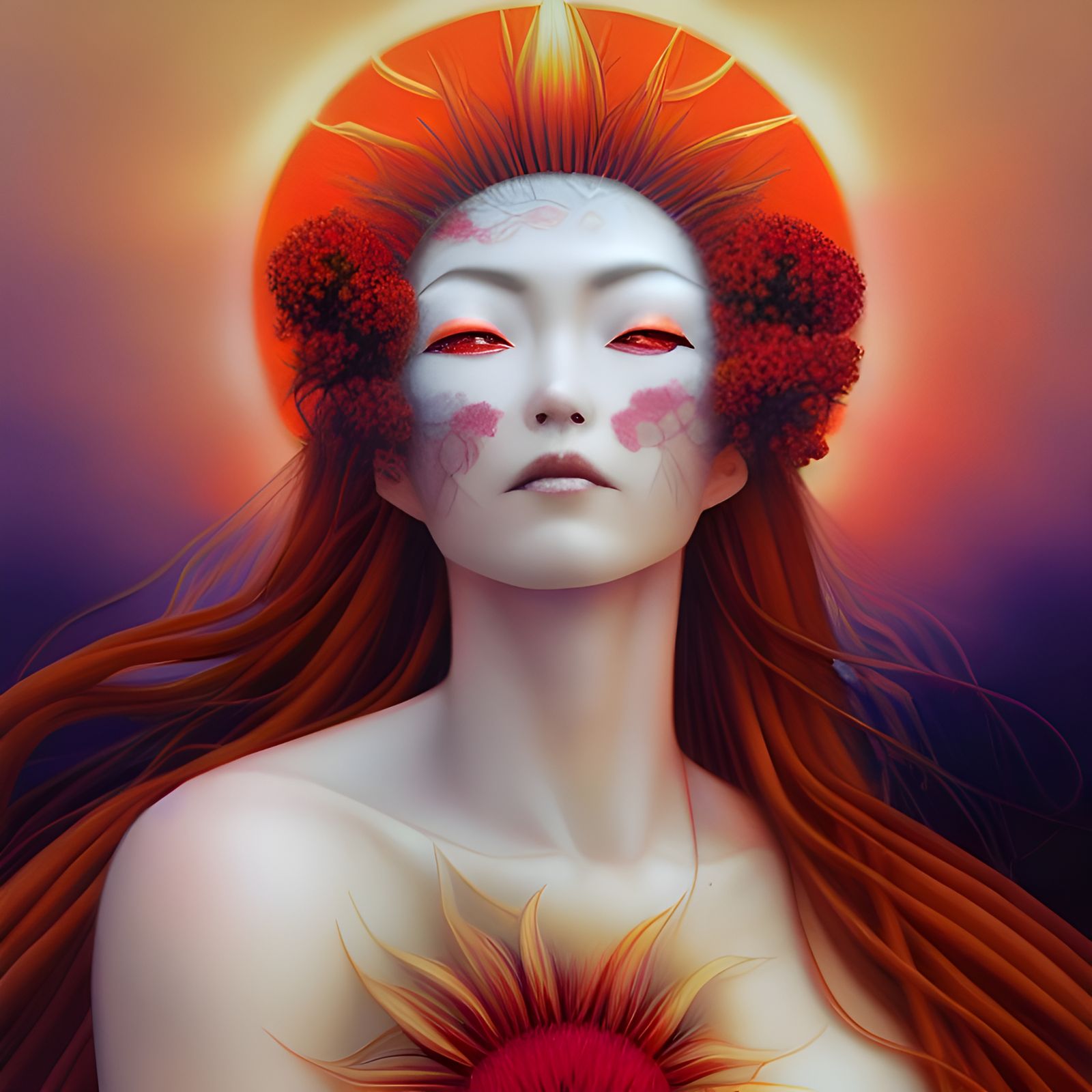 Amaterasu Sun Goddess in Dark Fantasy Style