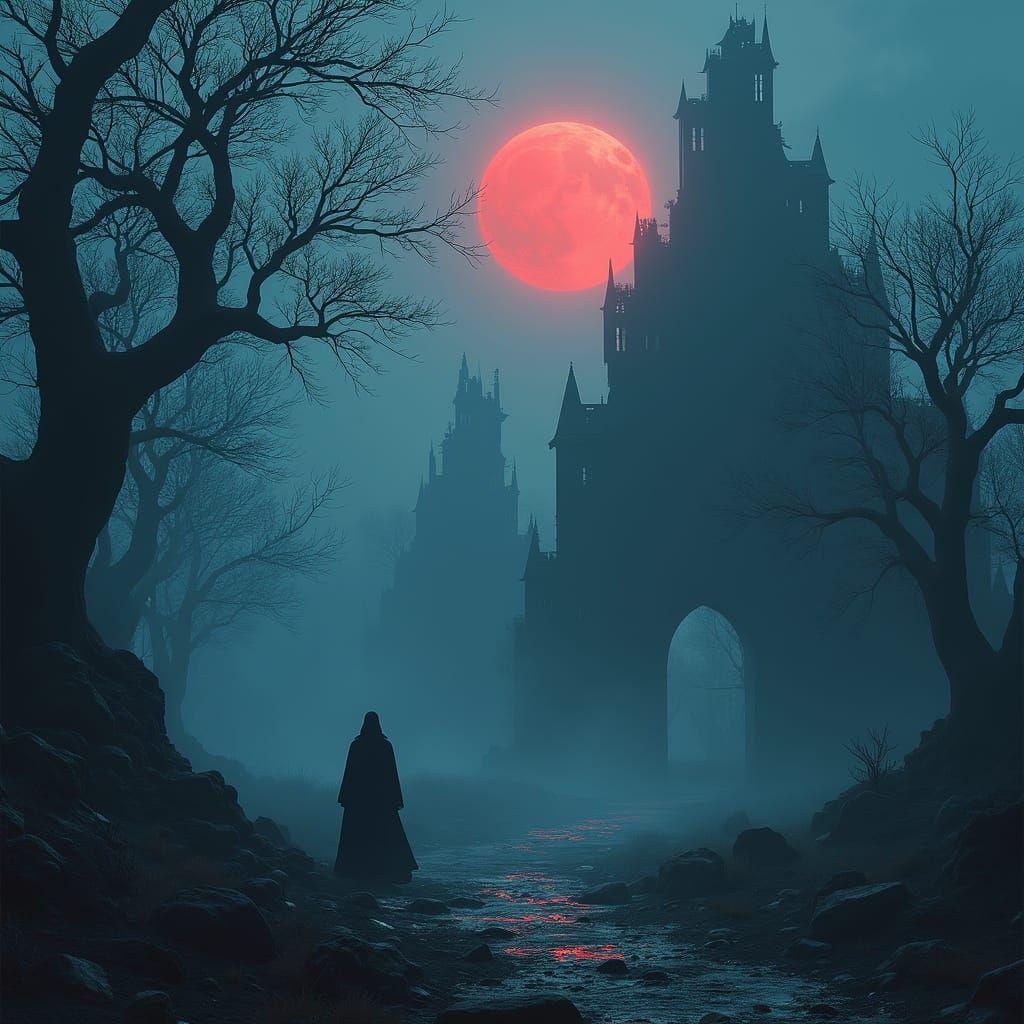Dark Fantasy Scene Under Blood-Red Moon