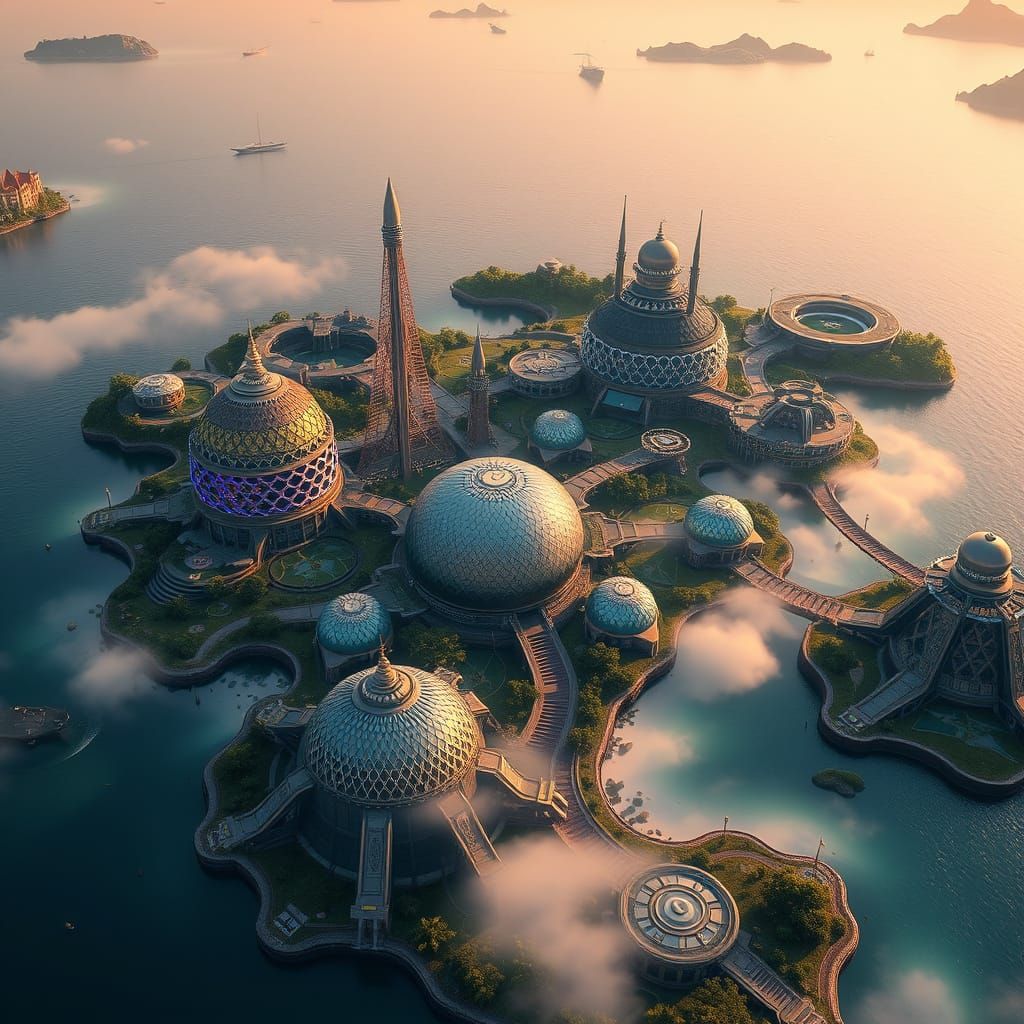 Futuristic Island City with Bioluminescent Flora