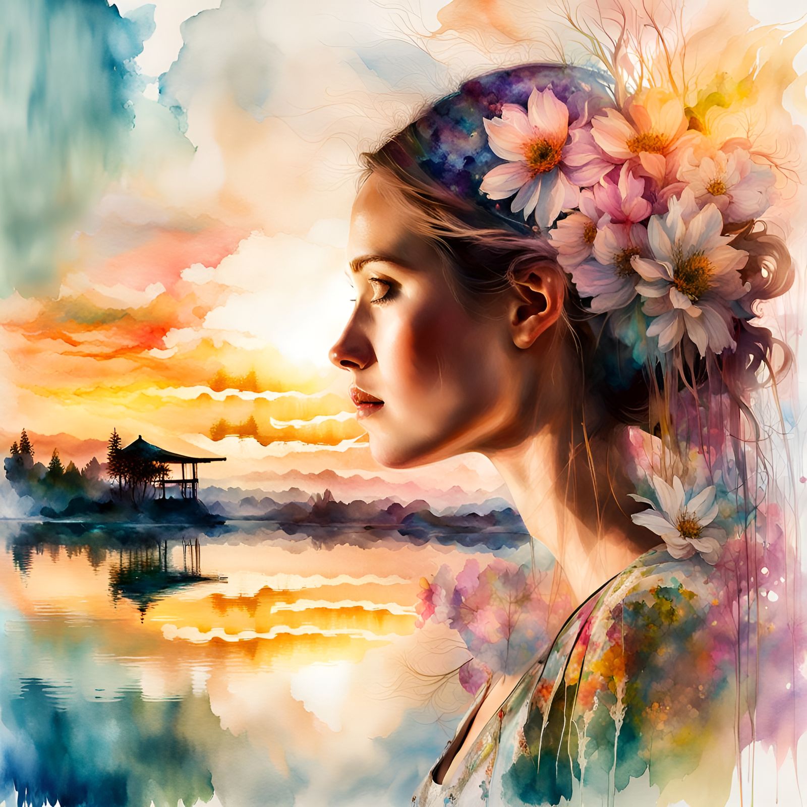 Double Exposure: Woman and Watercolor Summer Sunset