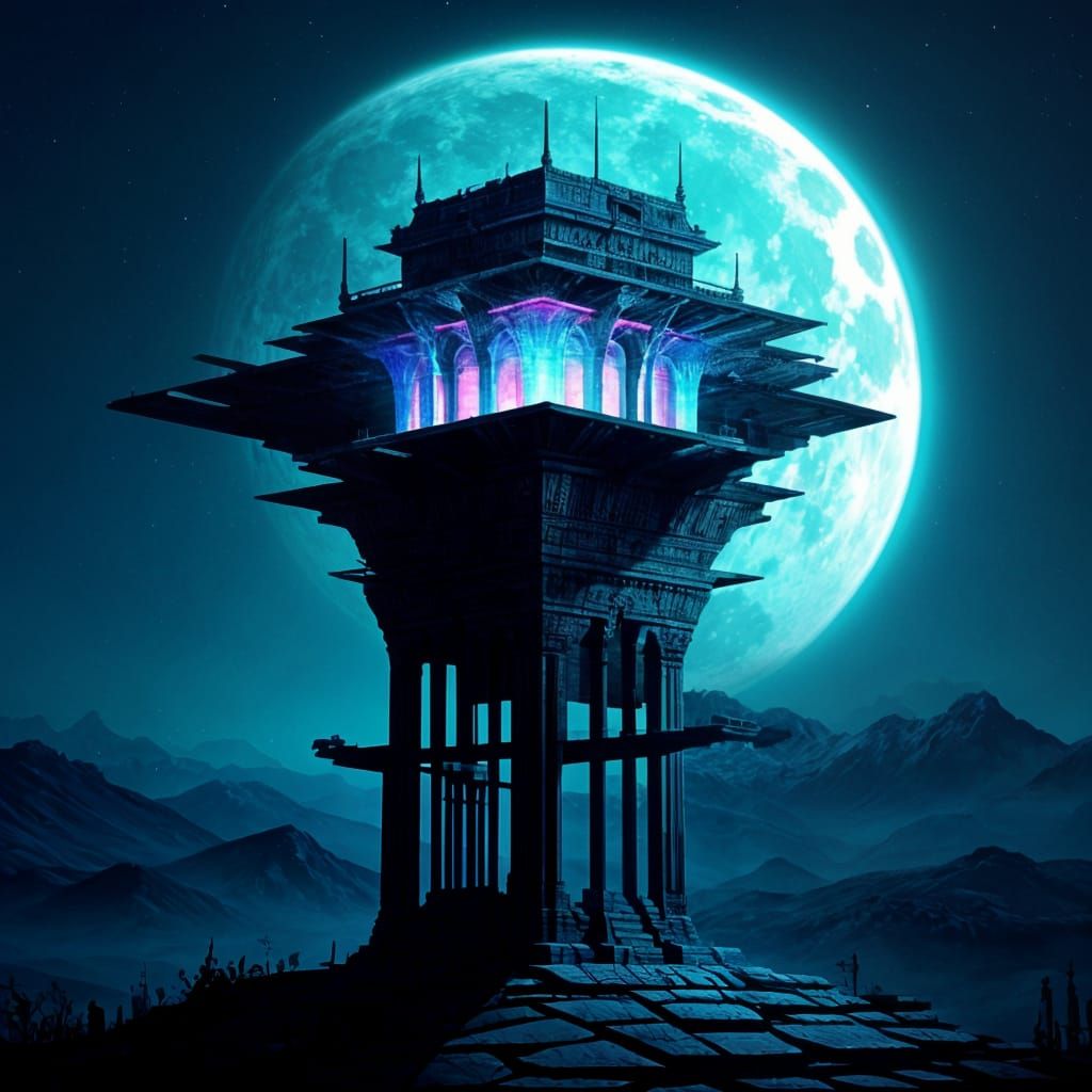 Babylonian Glyphs on Ziggurat in Surreal Digital Painting