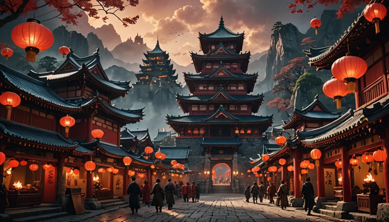 Japanese Castle with Foxes in Cinematic Lighting