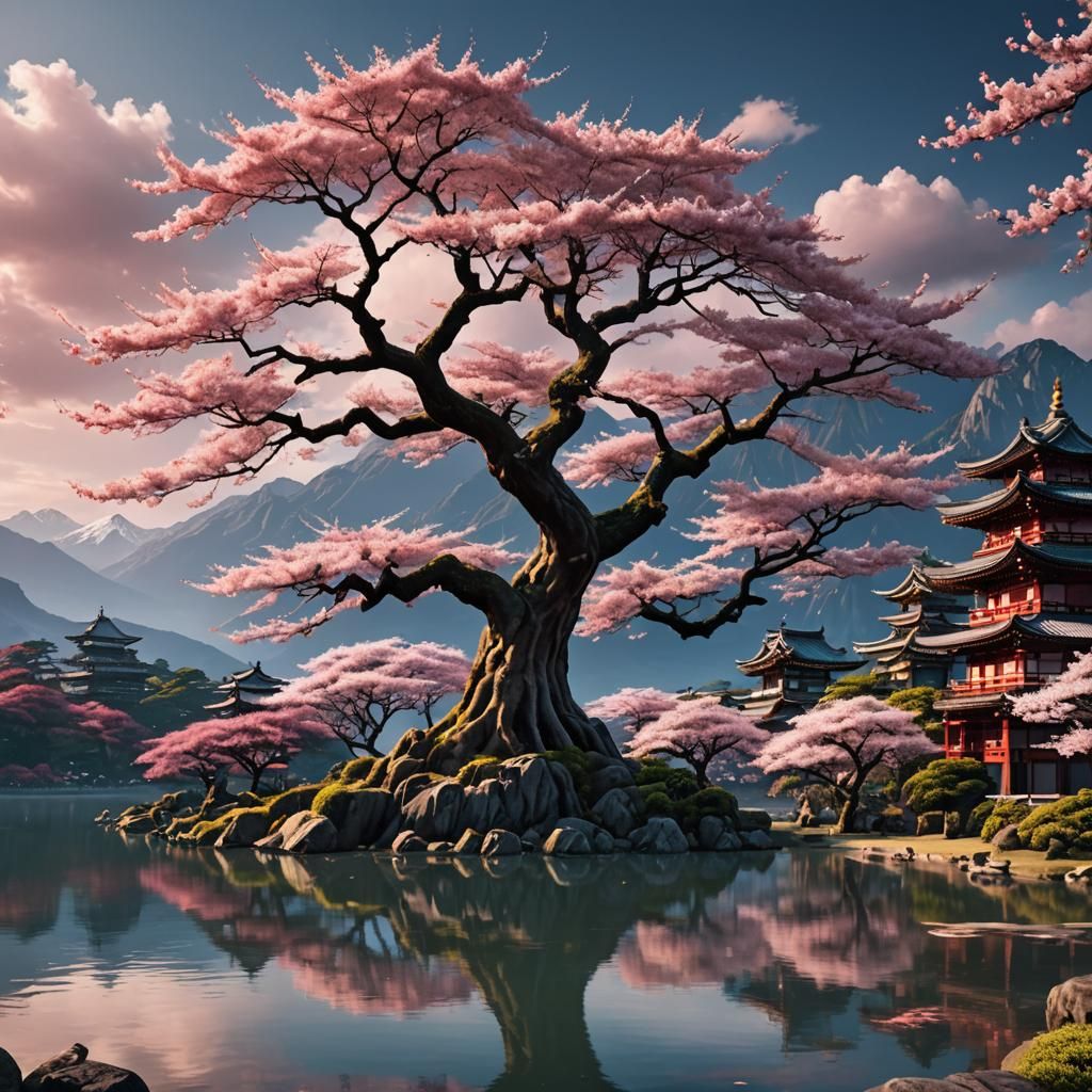 Sakura Tree by Lake: Matte Painting in 8K