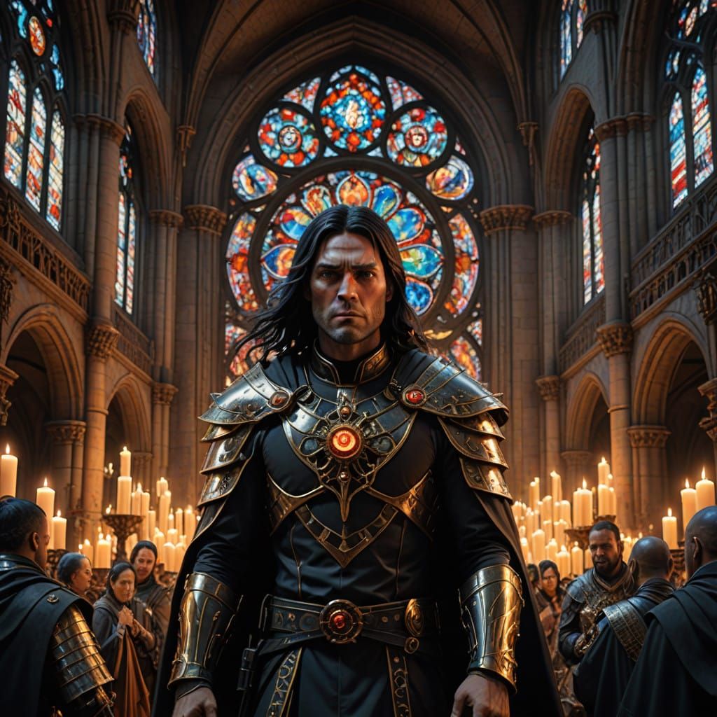 Visualize a dramatic scene inside a Gothic-style cathedral l...